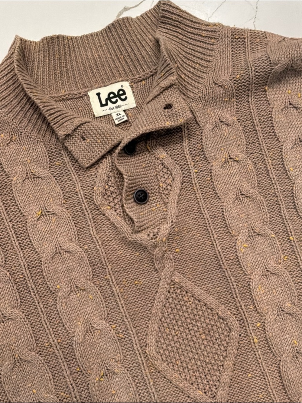 Lee Men’s Taupe Cable-Knit Zip Polo Sweater Size XL 3Button Longsleeve
